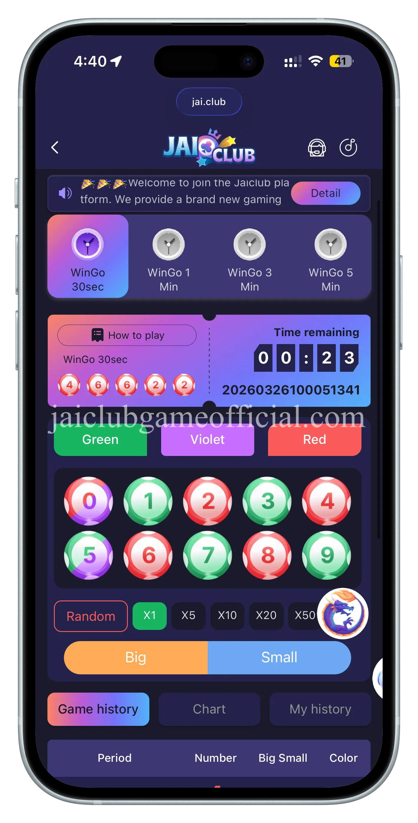 Jai Club Wingo Game — colour prediction
